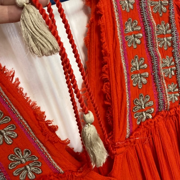 FREE PEOPLE XS WILL WAIT FOR YOU BALI BOHO RED BUTTON EMBROIDERED DRESS - Picture 7 of 8